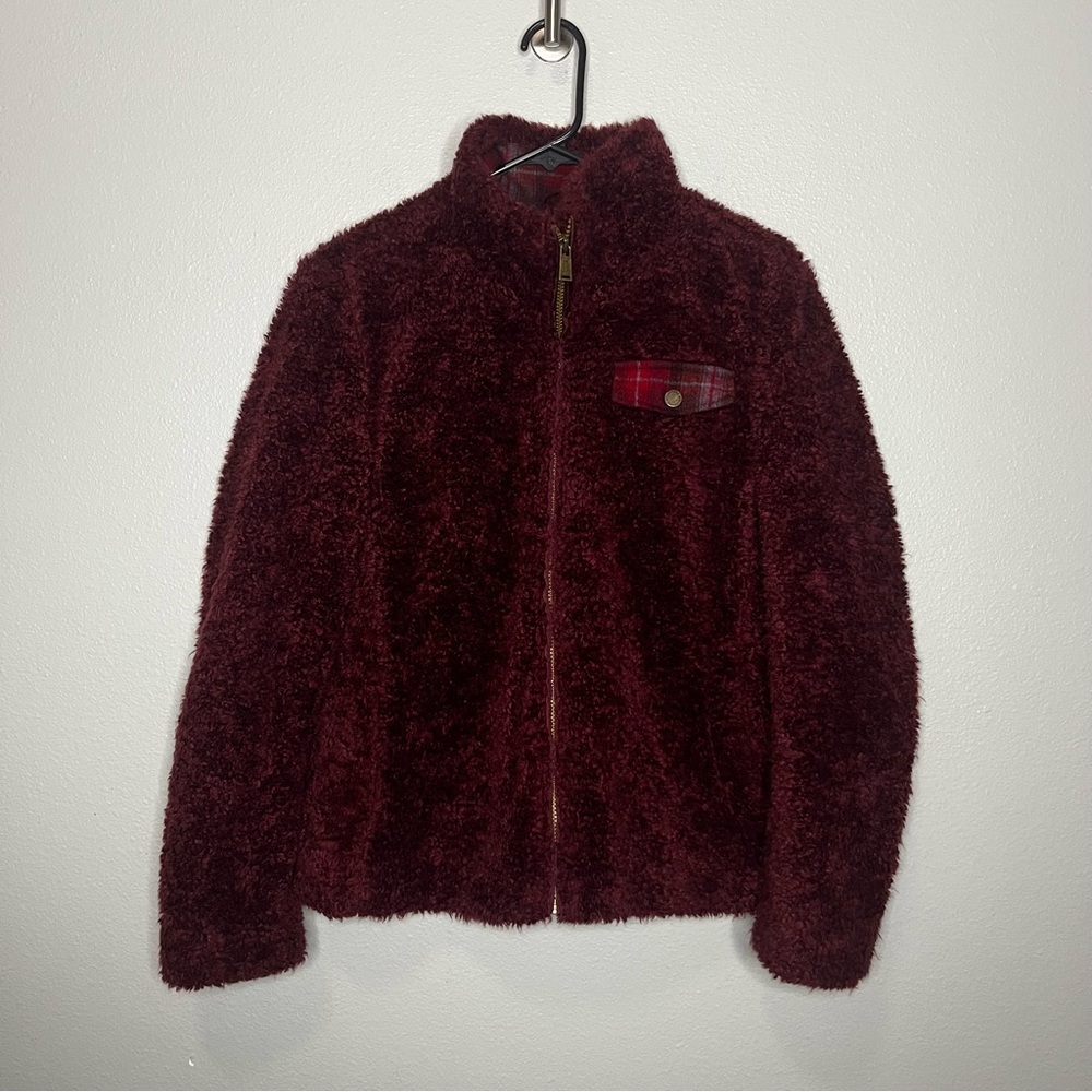 Pendleton Sherpa Full Zip Jacket Women Small Maroon Plaid Detail Pocket‎ Outdoor
